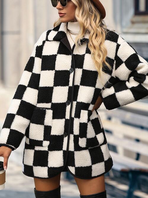 Raceway  Full Size Checkered Button Front Coat with Pockets