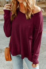 Dropped Shoulder Boat Neck Sweater Pullover with Pocket