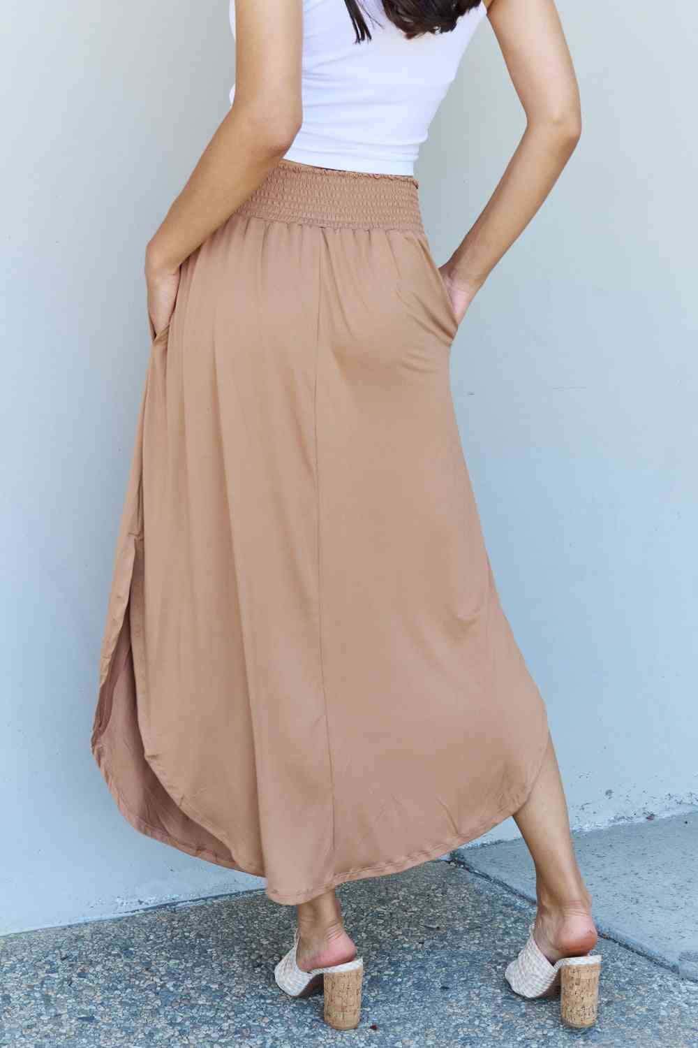 Comfort Princess Full Size High Waist Scoop Hem Maxi Skirt in Tan