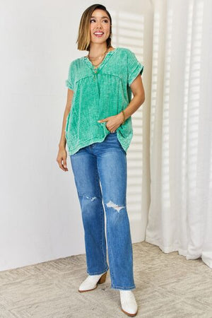 Lucky Washed Raw Hem Short Sleeve Blouse with Pockets