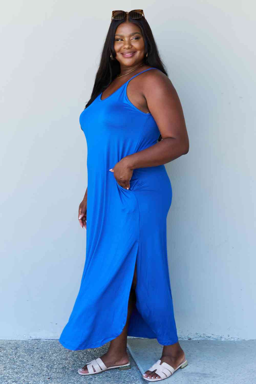 Energy Full Size Cami Side Slit Maxi Dress in Royal Blue