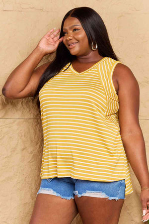 Talk To Me Full Size Striped Sleeveless V-Neck Top