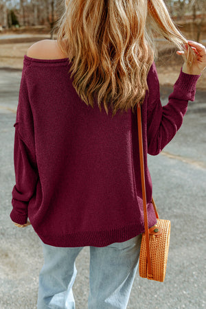 Dropped Shoulder Boat Neck Sweater Pullover with Pocket