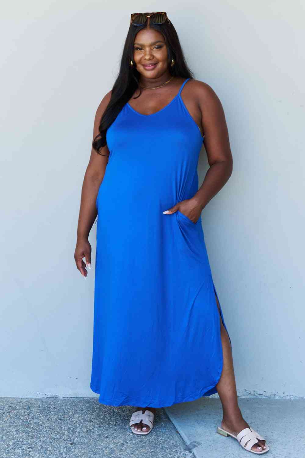 Energy Full Size Cami Side Slit Maxi Dress in Royal Blue