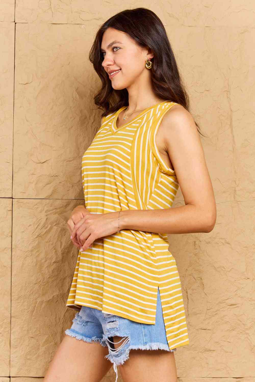 Talk To Me Full Size Striped Sleeveless V-Neck Top