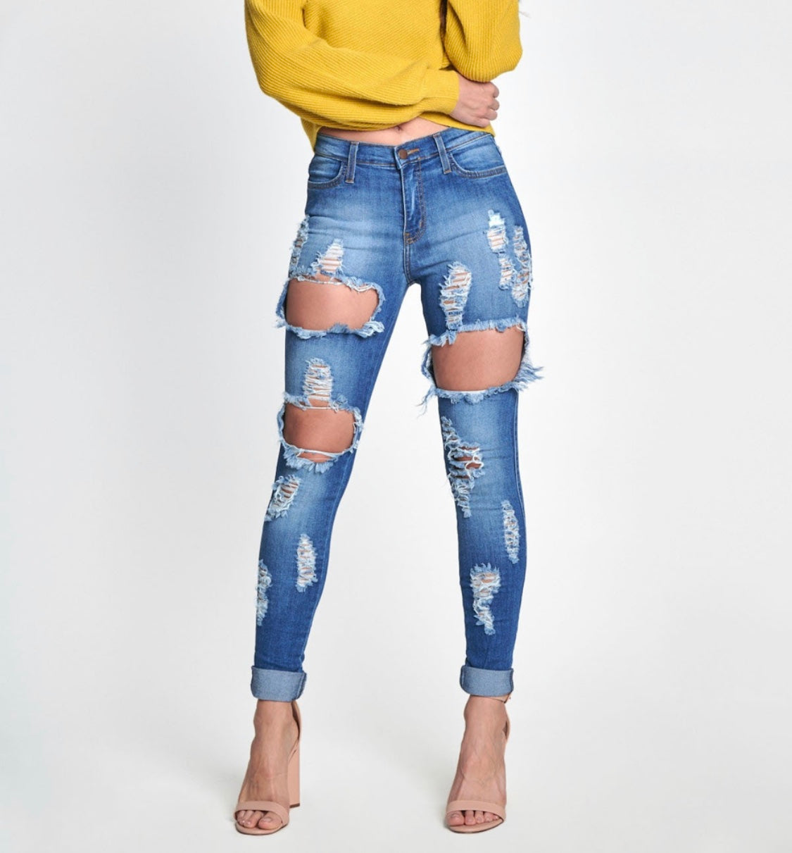 Bella Blue Mid Rise Distressed Skinny Jean