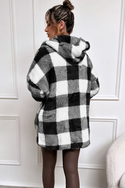 Plaid Long Sleeve Hooded Coat