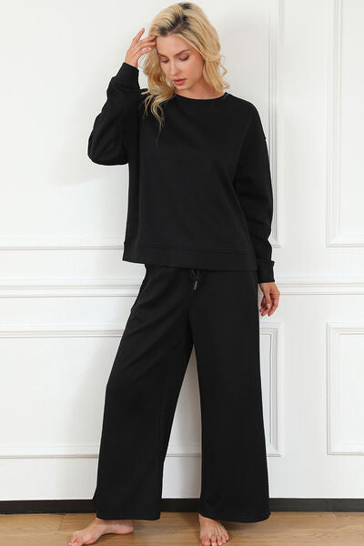 Janet Textured Long Sleeve Top and Drawstring Pants Set