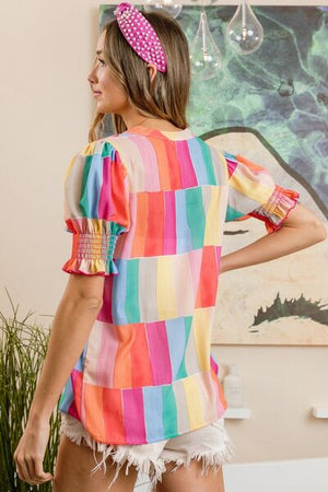 Spring Color Block Smocked Short Sleeve Blouse