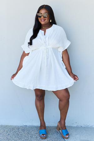 Out Of Time Full Size Ruffle Hem Dress with Drawstring Waistband in White