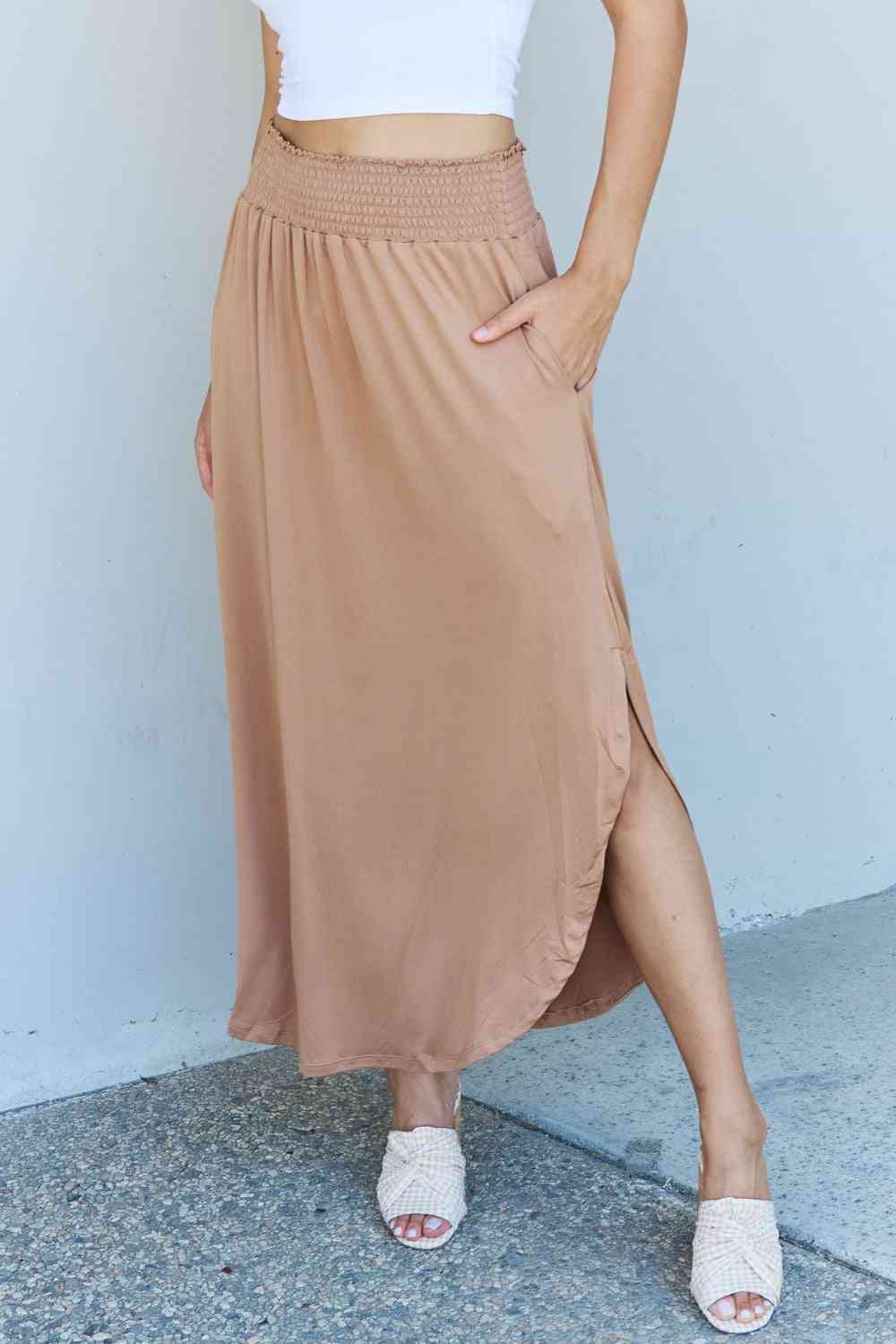 Comfort Princess Full Size High Waist Scoop Hem Maxi Skirt in Tan