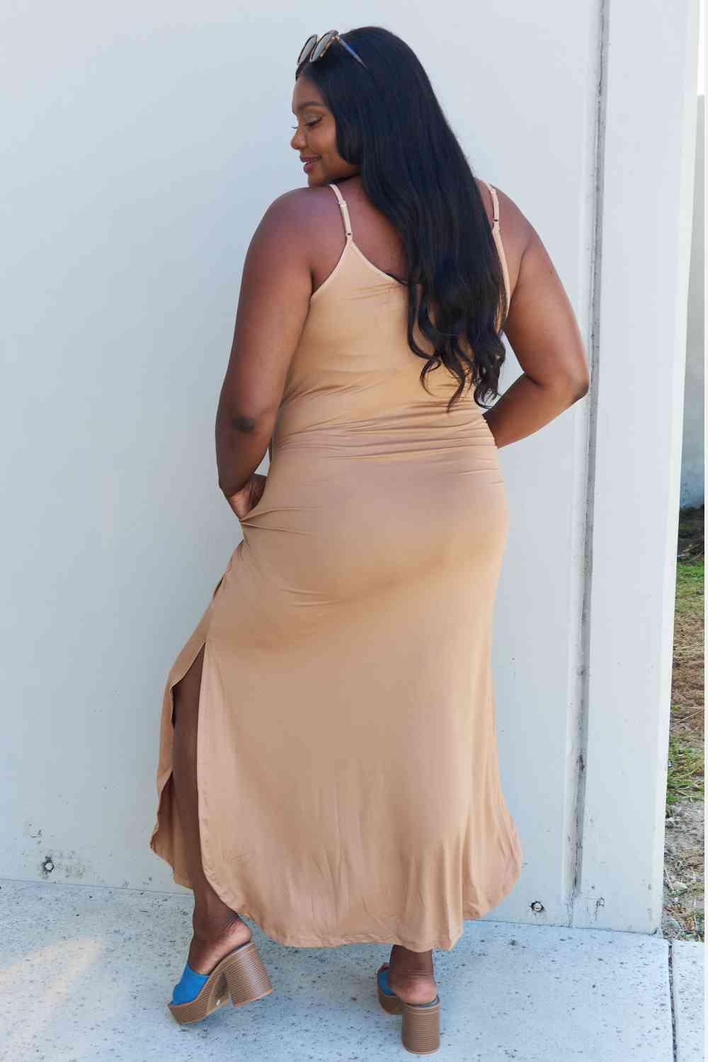 Good Energy Full Size Cami Side Slit Maxi Dress in Camel