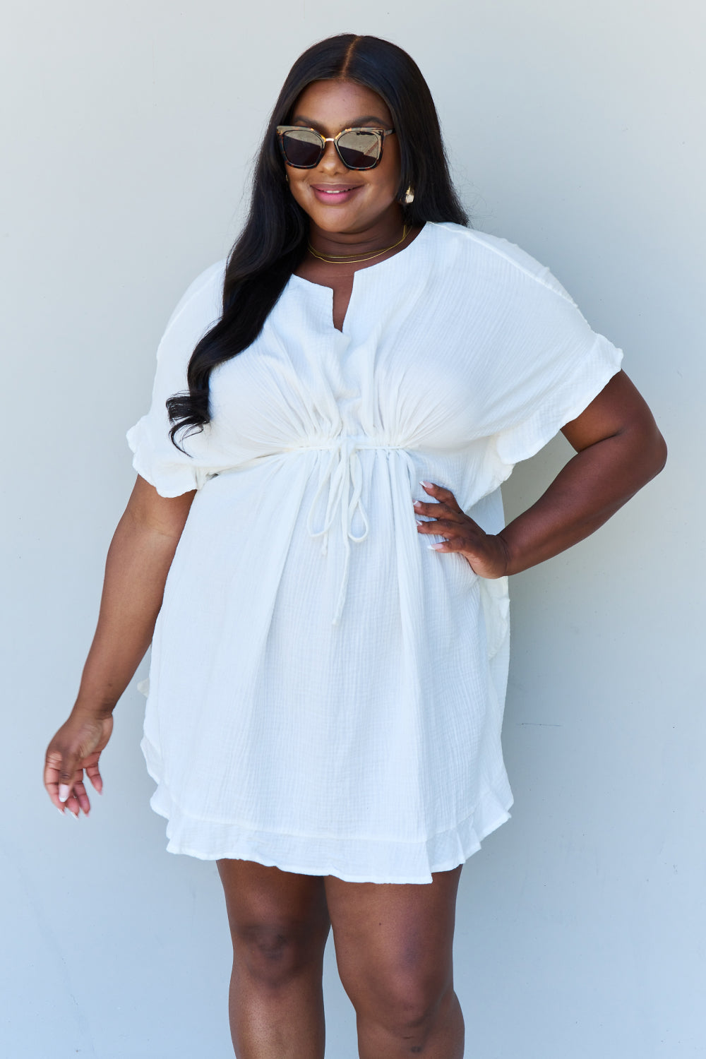 Out Of Time Full Size Ruffle Hem Dress with Drawstring Waistband in White