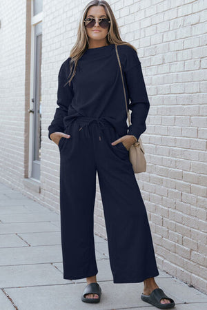 Janet Textured Long Sleeve Top and Drawstring Pants Set