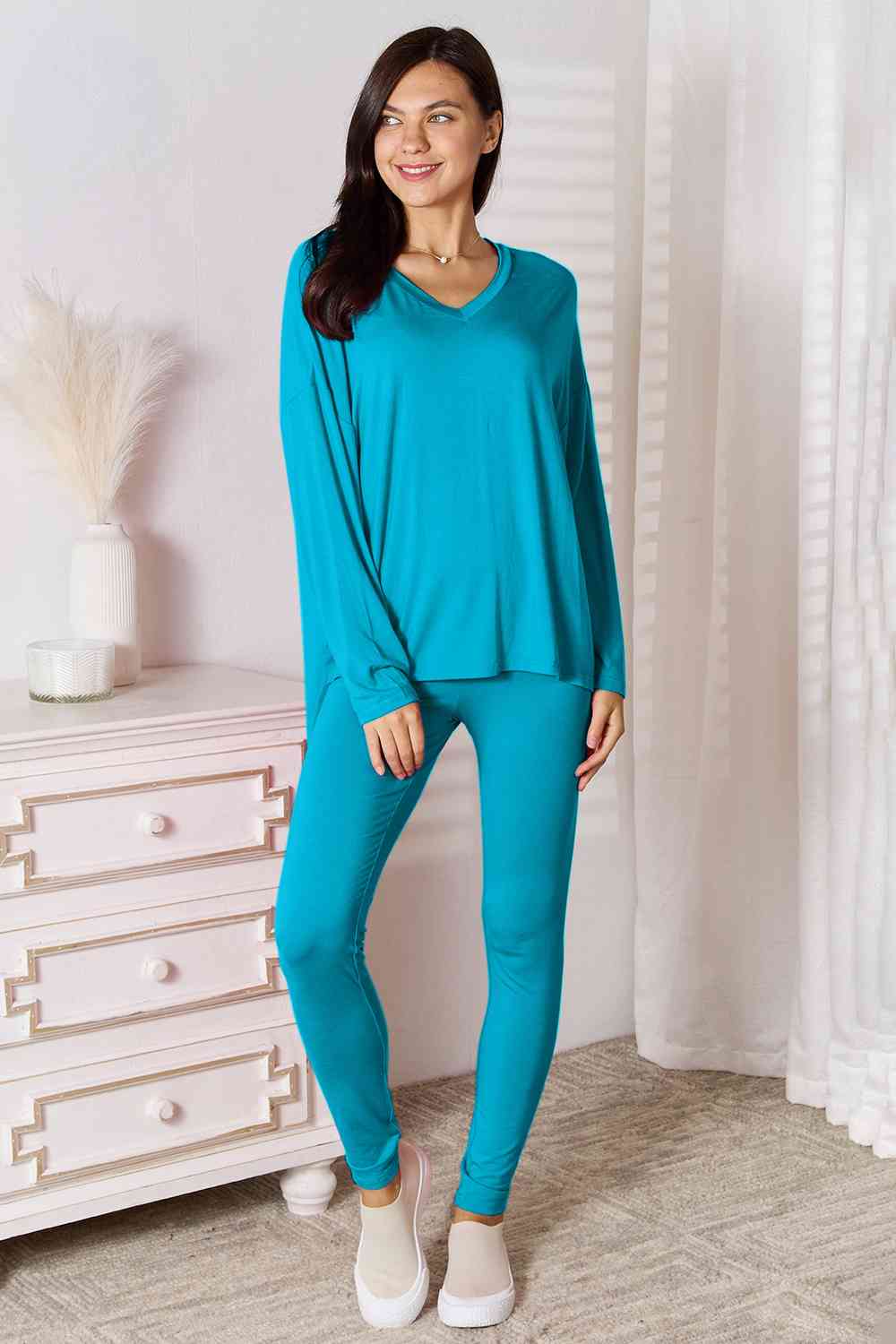 Justin V-Neck Soft Rayon Long Sleeve Top and Pants Lounge Set