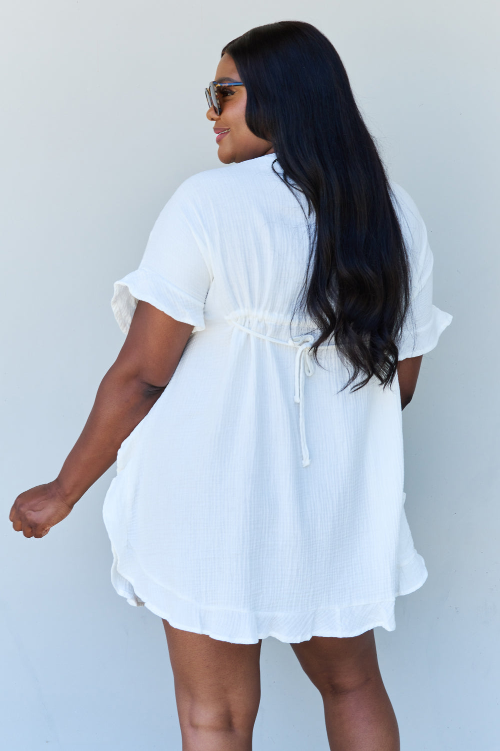 Out Of Time Full Size Ruffle Hem Dress with Drawstring Waistband in White