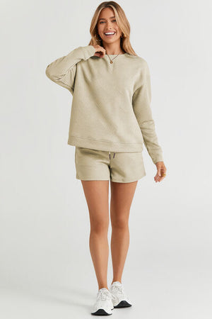 Jessy Texture Long Sleeve Top and Drawstring Shorts Set