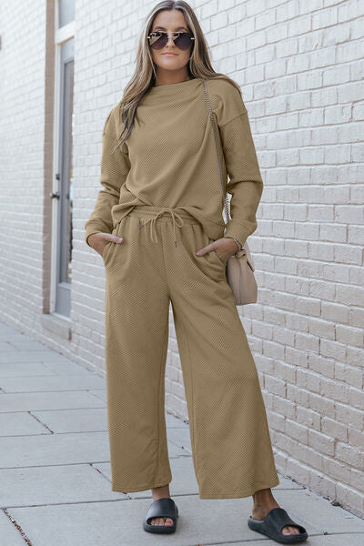 Janet Textured Long Sleeve Top and Drawstring Pants Set