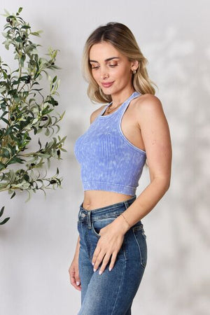 Sky Ribbed Round Neck Cropped Tank