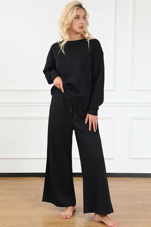 Janet Textured Long Sleeve Top and Drawstring Pants Set