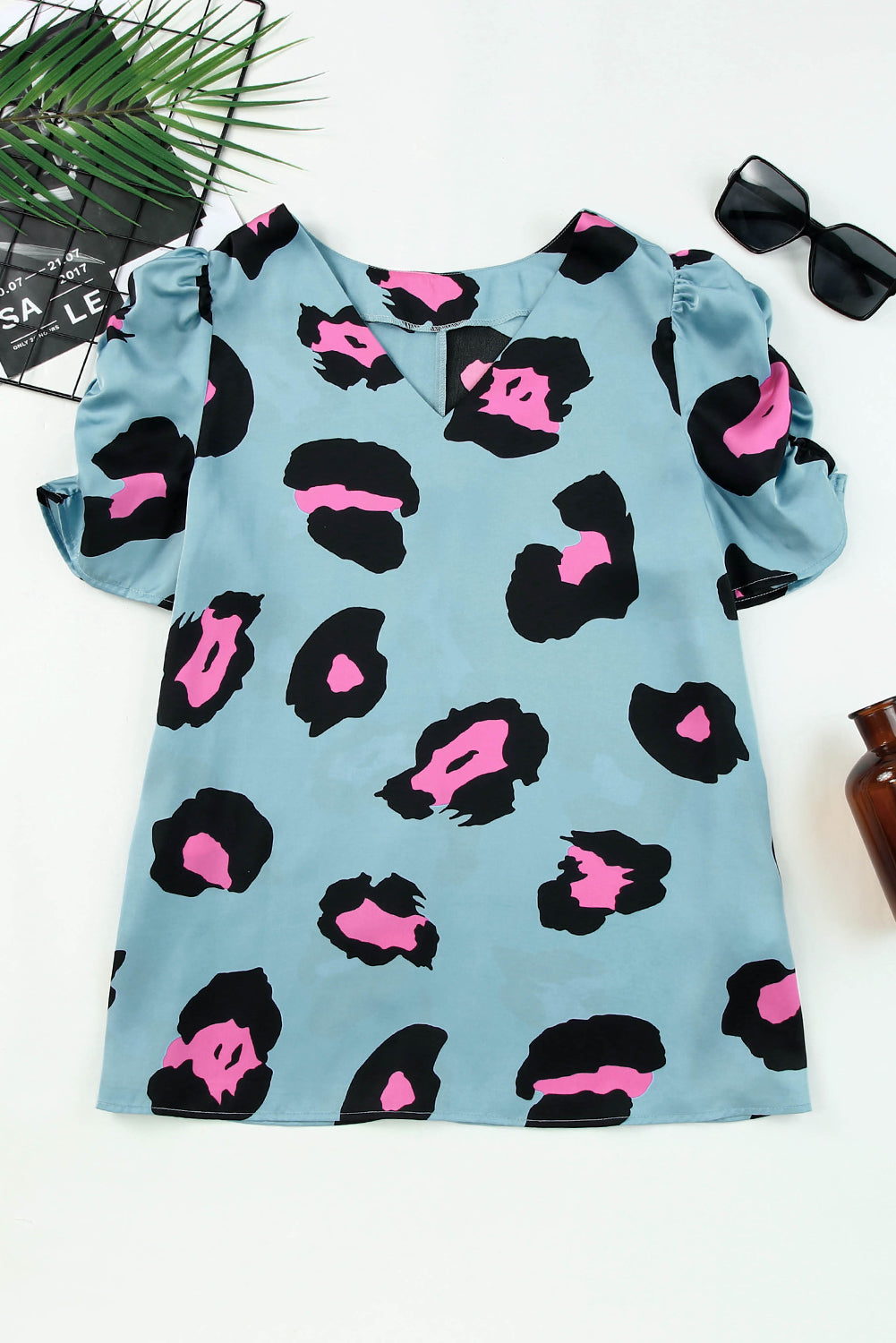 Leopard V-Neck Puff Sleeve Top