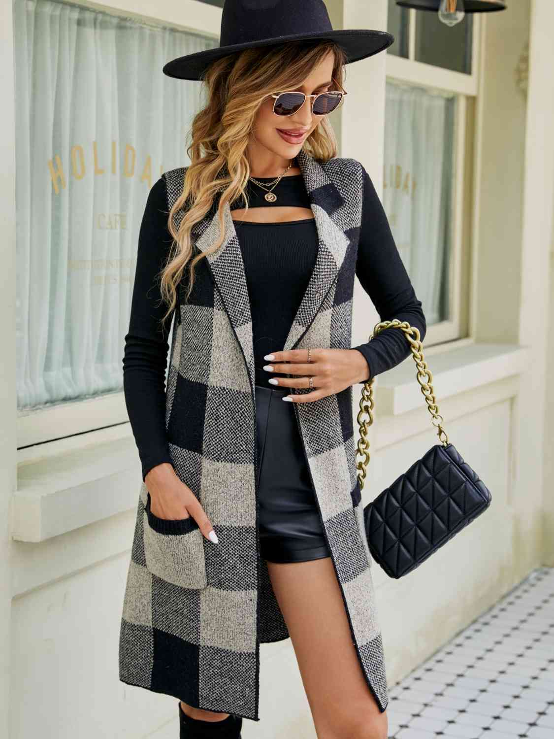 Isabell Plaid Lapel Collar Sleeveless Cardigan