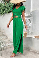 V-Neck Ruffle Hem Top and Slit Pants Set