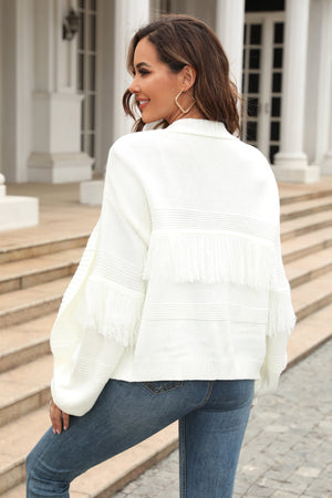 Double Take Fringe Trim Open Front Cardigan