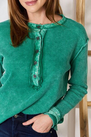 Green Washed Half Button Exposed Seam Waffle Top