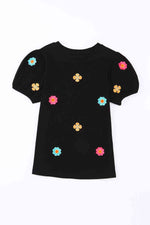 Embroidered Flower Round Neck Puff Sleeve Top