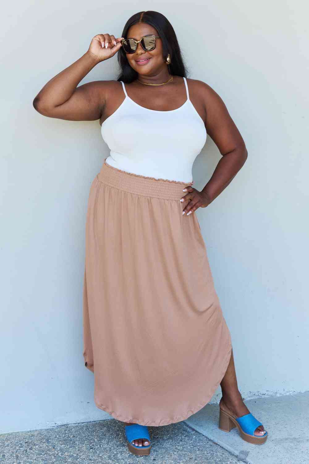 Comfort Princess Full Size High Waist Scoop Hem Maxi Skirt in Tan