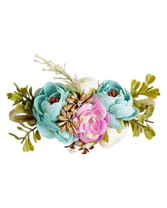 Floral Stretch Headband - Aqua, Pink & Ivory